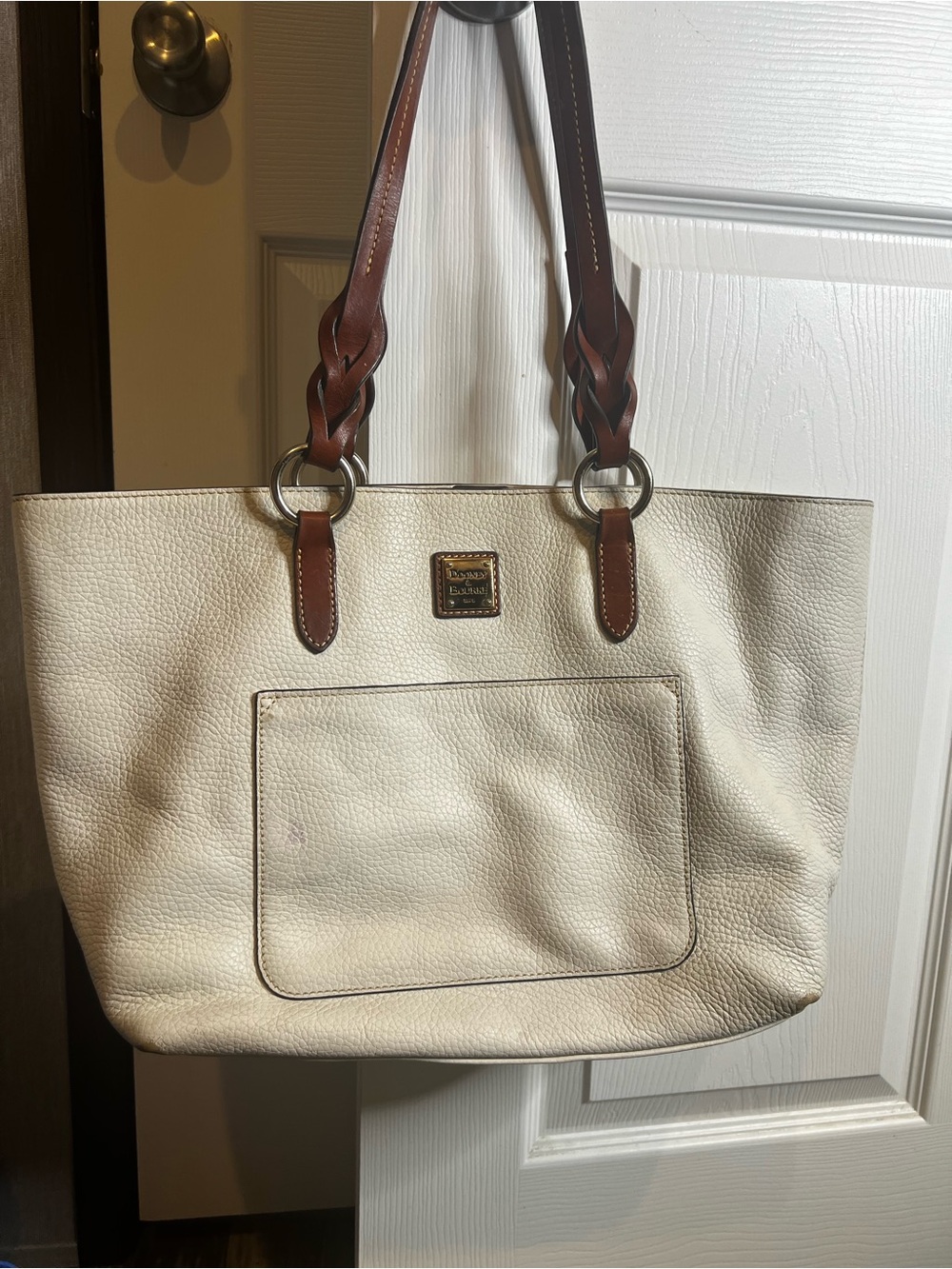 Dooney & Bourke White Pebble Leather Tammy Tote with Brown Handles